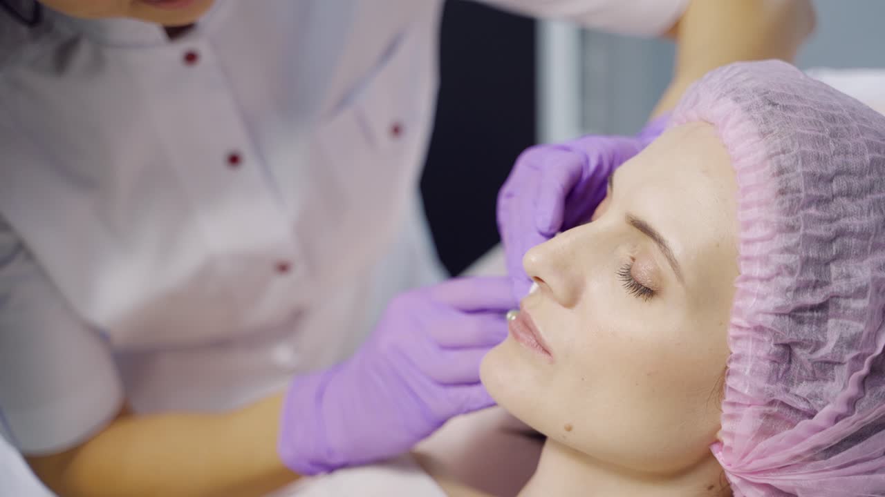 A specialist in aesthetic cosmetology holds a syringe in her hand and makes Botox injections to the lips for the client. Close-up.