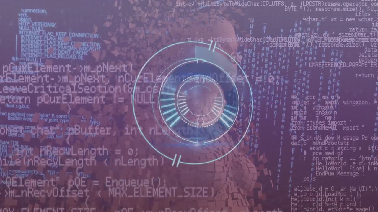 animación de formas púrpuras sobre escaneo de alcance con procesamiento de datos en fondo púrpura