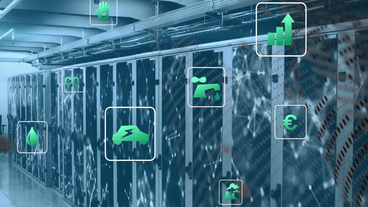 animación de iconos de tecnología verde y puntos conectados en racks de servidores de datos
