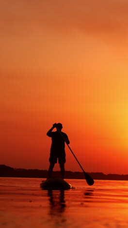 Approaching black male silhouette on the sup board. Man practicing on the river at sunset in summer. Vertical video
