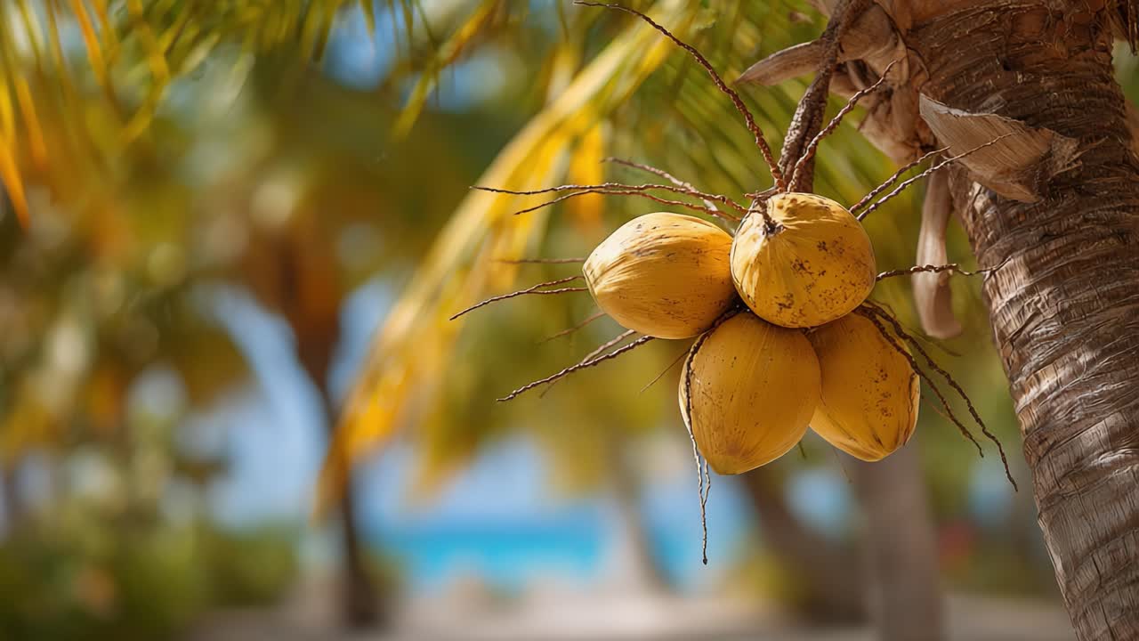A Close-Up of Vibrant Yellow Coconuts Hanging from a Palm Tree, Surrounded by a Lush Tropical Paradise, Capturing the Essence of Exotic Relaxation and Nature's Bounty