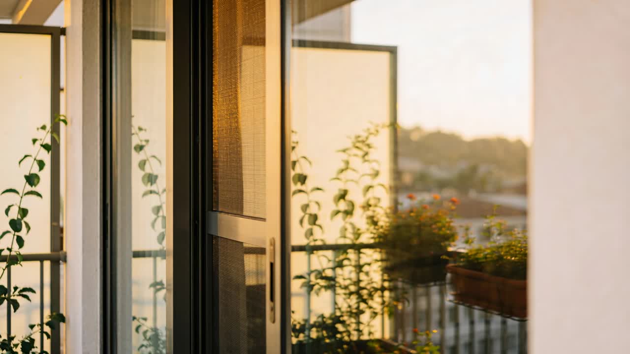 Telecamera che si sposta rivelando una porta scorrevole e un telaio metallico che si affaccia sul balcone, inondando di luce una fioriera
