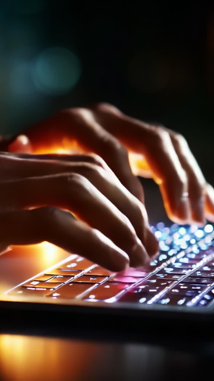 Inquadrature dinamiche ravvicinate di mani che digitano su una tastiera luminosa, che mostrano la vivace retroilluminazione e il movimento delle dita in un ambiente buio