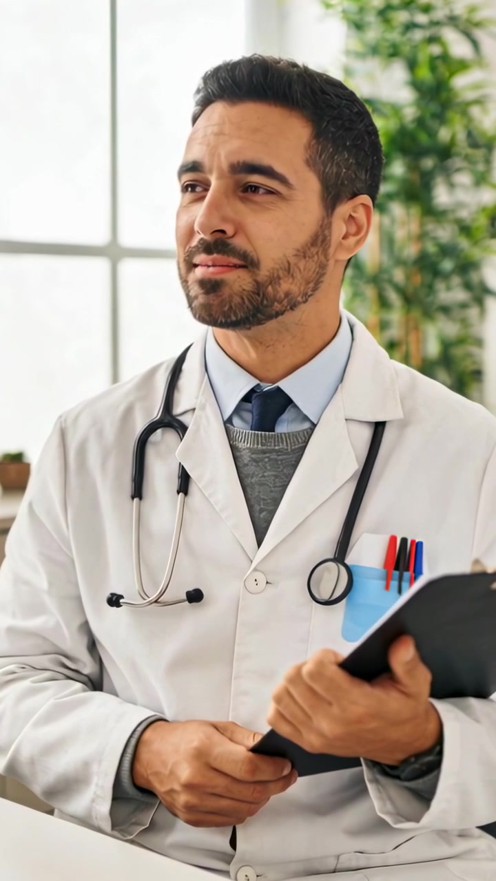 Vertical video: Hearing patient question, lab-coat doctor holding clipboard and reacting in clinic