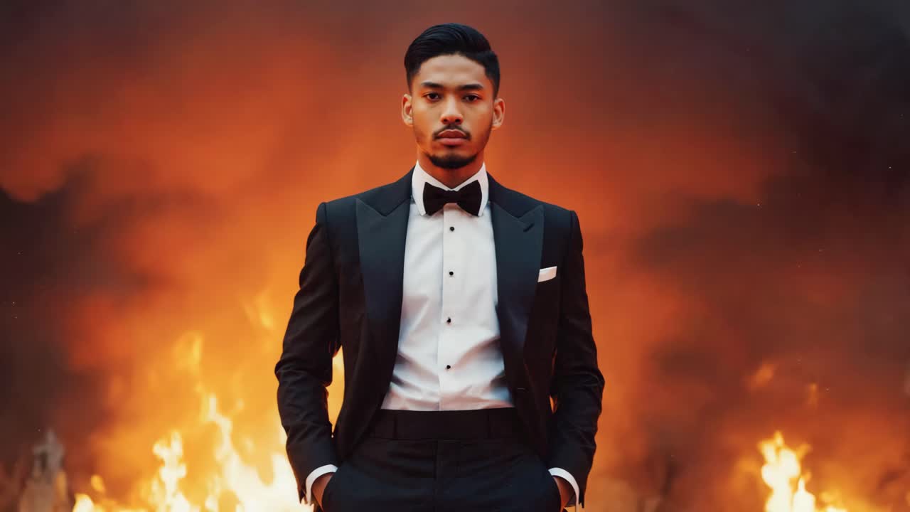 Man in Tuxedo with Fire Background