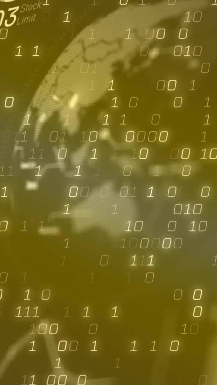 Animation of falling binary codes over globe, map and database in background