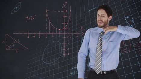 Animation-of-mathematical-equations-over-grid-network-against-caucasian-businessman-removing-his-tie