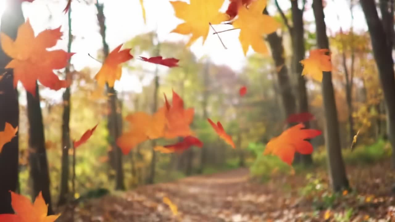 Captivating Autumn Walk: A Scenic Pathway Adorned with Colorful Falling Leaves Amidst the Lush Forest in the Heart of Fall's Splendor
