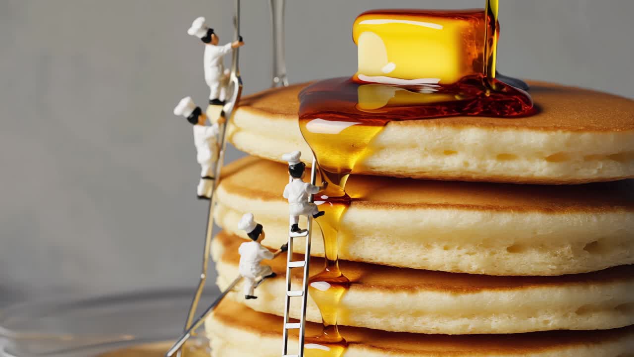 Miniature chefs are climbing ladders on a tall stack of pancakes topped with butter and dripping syrup, creating a whimsical and delicious scene