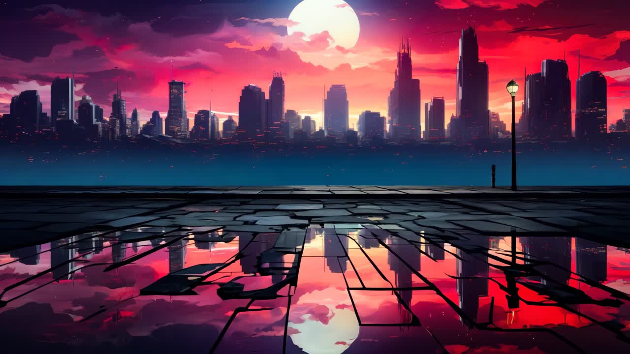 A city skyline with a reflection of the city in the water