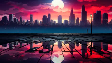 a city skyline with a reflection of the city in the water