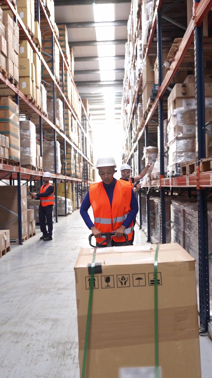 Warehouse Worker Moving Cardboard Box with Pallet Jack