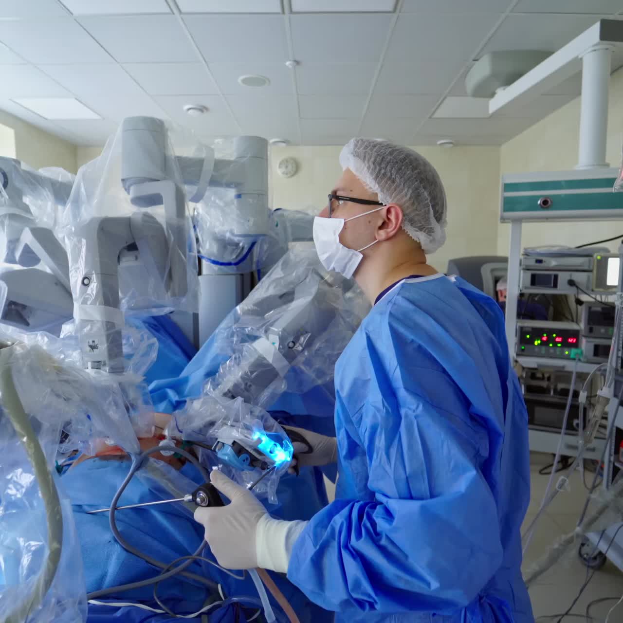 Hospital with robotic innovation technology. Doctor operation in surgery room at hospital with robotic technology