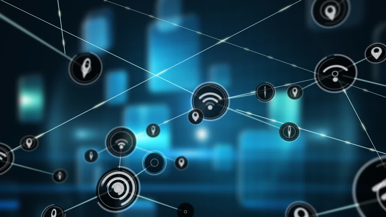 animación de la red de conexiones con iconos sobre formas sobre fondo negro