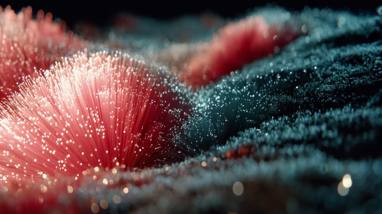 A Captivating View of Iridescent Particles in a Glowing Textile Landscape, Illustrating Textures, Colors, and Intricate Patterns that Mesmerize the Eyes