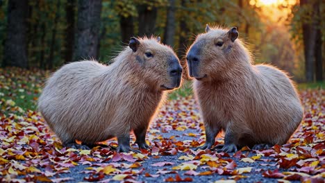 two capybaras in autumn park