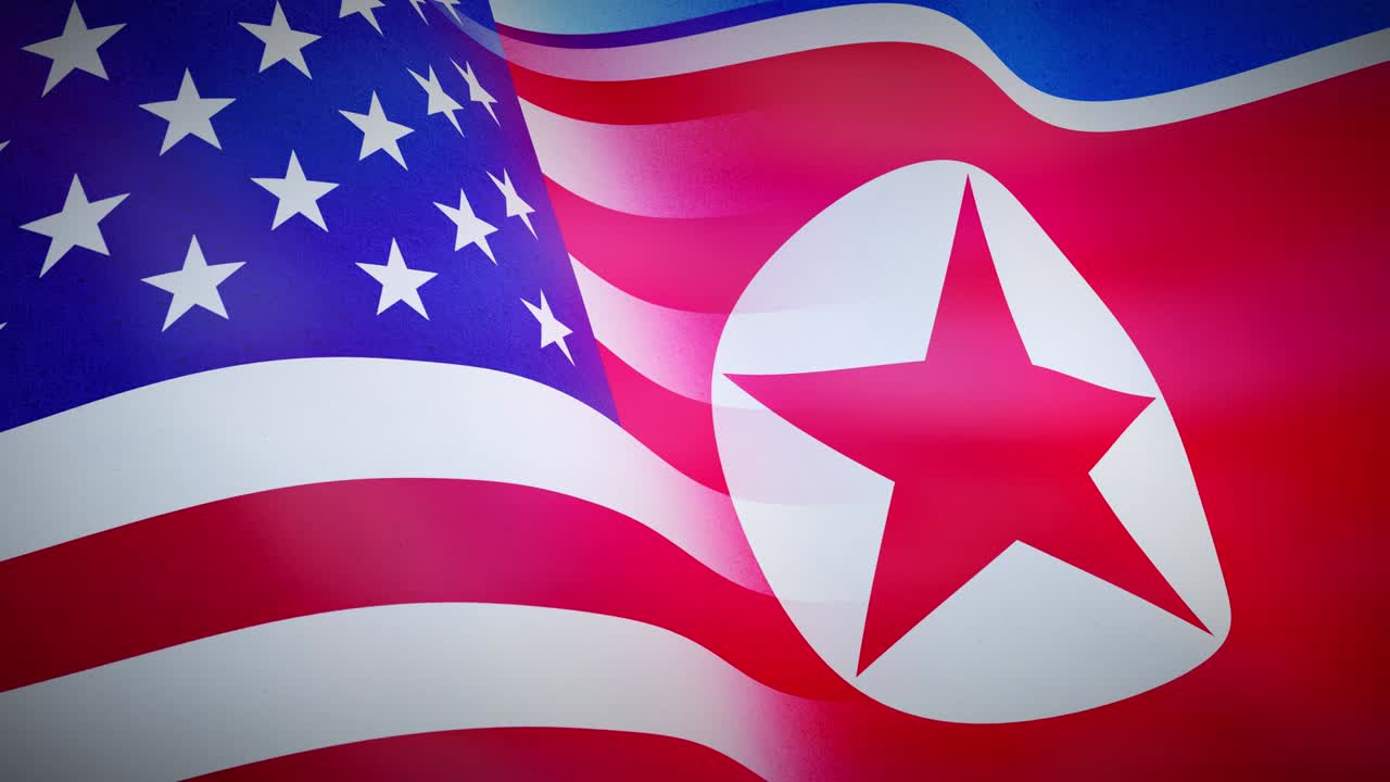 United States of America and North Korea flags depict political crisis.