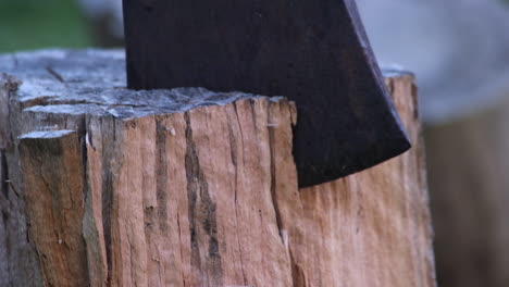 an axe chopping into a wooden log. cu