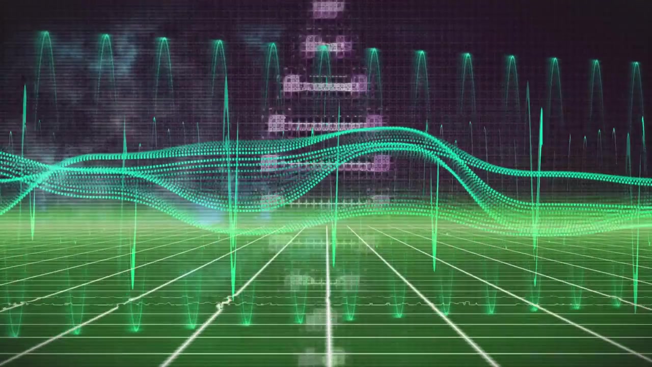 Upon start turquoise waveforms sweeping grid while magenta pixels pulsing visualizing data patterns