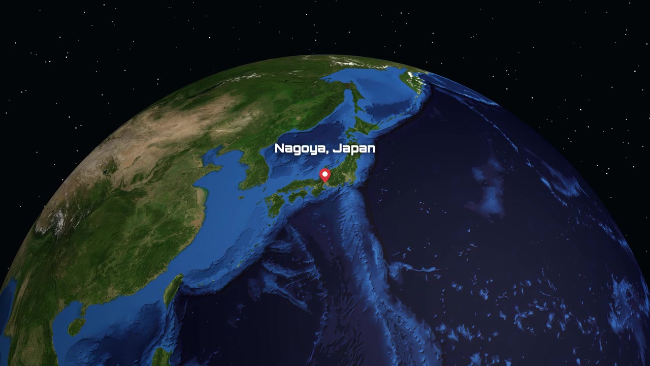 Satellite perspective zooms from deep space to a labeled location pin over Nagoya, Japan