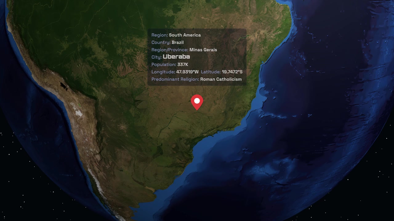 Digital earth rotates and zooms into South America, highlighting Uberaba with a red pin