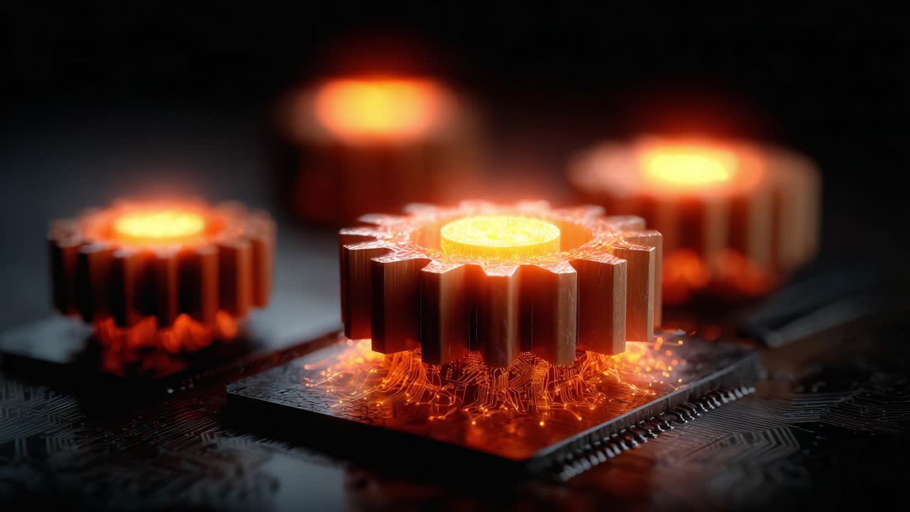 Illuminated Mechanical Gears: A Close-Up Exploration of Futuristic Components Radiating Warm Glow Against a Technology-Themed Background