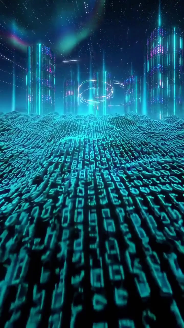Futuristic Digital Landscape with Glowing Binary Code and Neon Cityscape