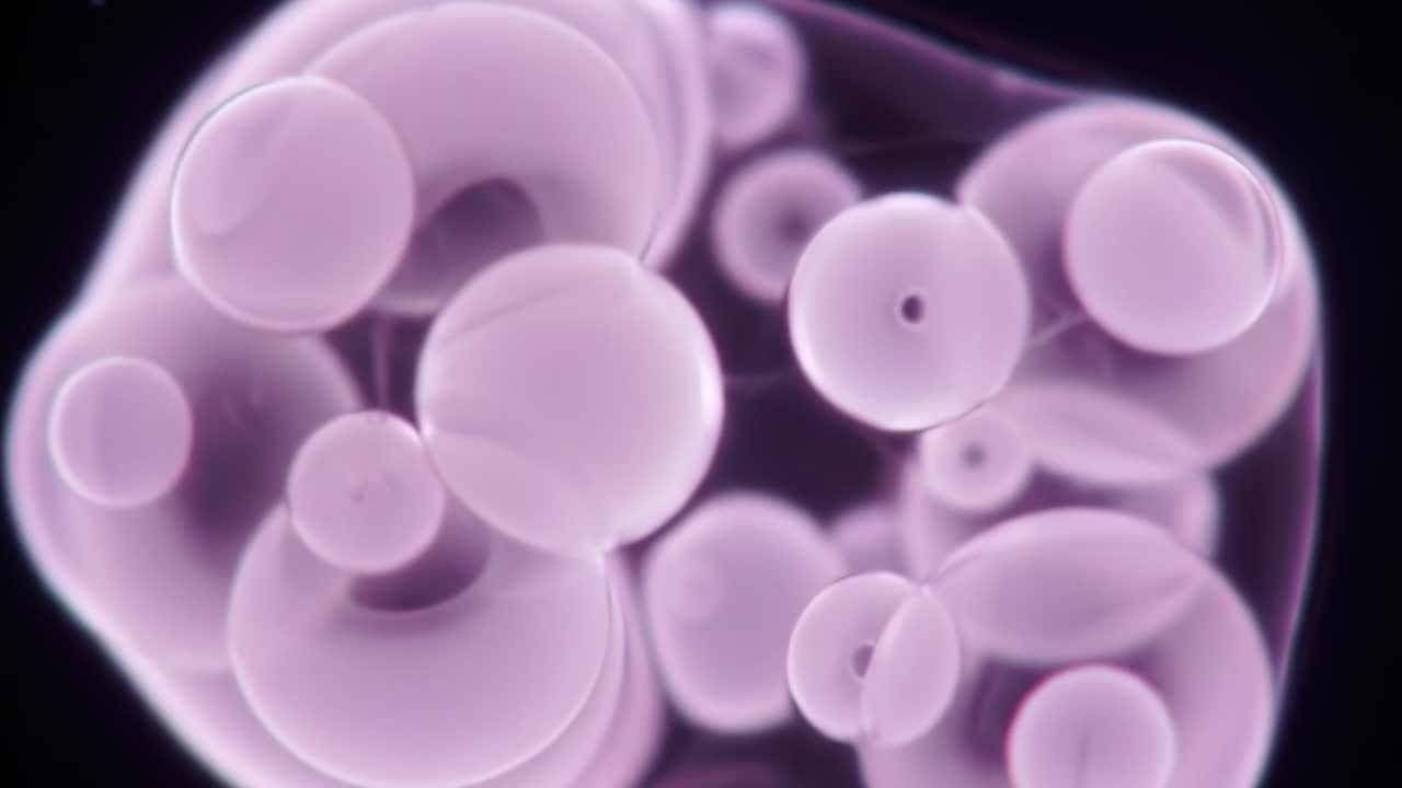 Microscopic View of Vibrant Yellow Bubbles Showcasing Unique Formations and Patterns in a Dark Background