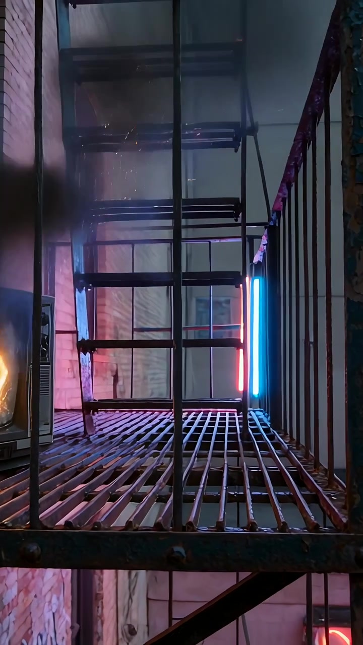 Vertical video: Catching fire TV throwing embers across rusted fire escape, neon lights glowing