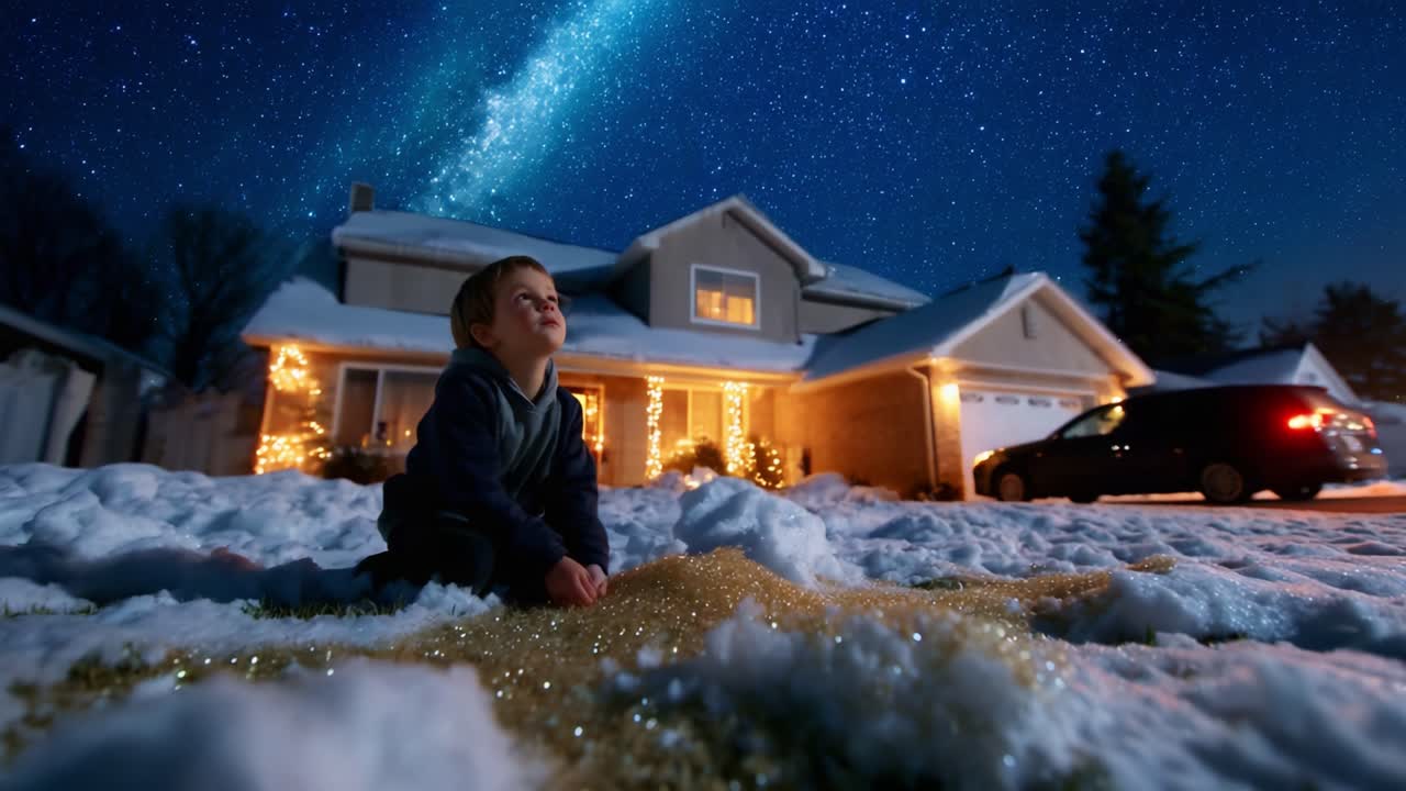 Uma criança observa um belíssimo céu estrelado, repleto de estrelas e da Via Láctea, sentada em um gramado nevado cercado por luzes de Natal cintilantes perto de sua casa