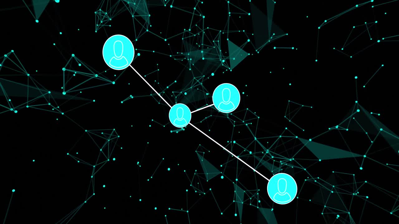 Animation of media icons and shapes over black background