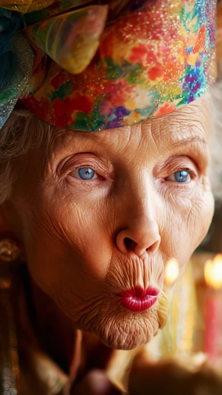 Donna anziana con affascinanti occhi azzurri celebra un momento speciale con un cappello decorativo e candele accese, catturando gioia e saggezza attraverso un'espressione accattivante