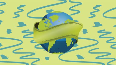 Animation-Eines-Globus,-Eingewickelt-In-Grünes-Band-Und-Blaues-Muster-Auf-Grünem-Hintergrund