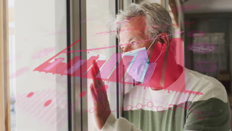 animation of covid 19 cells and statistics over senior man in face mask by window