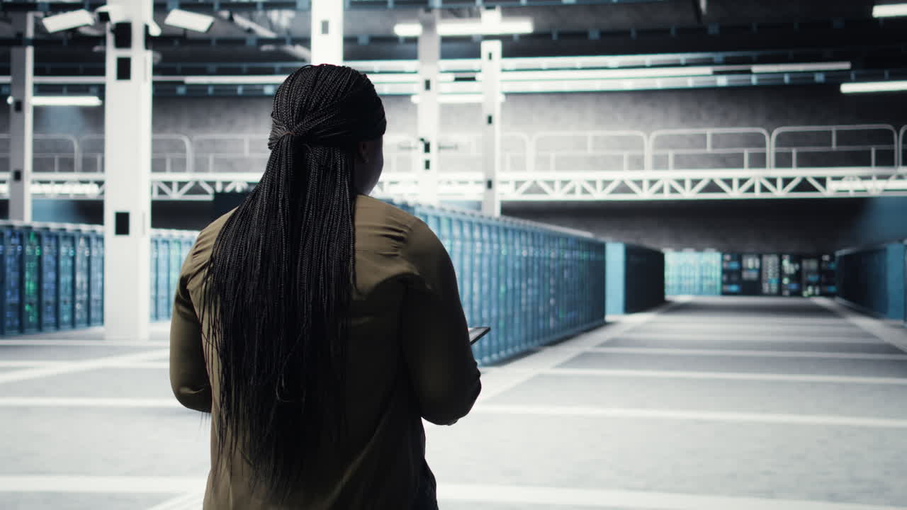 Woman walking through data center server rows, checking equipment