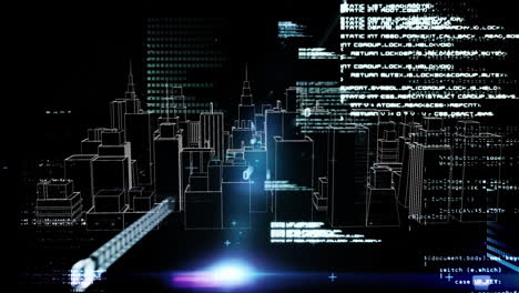 animation of data processing over 3d cityscape drawing
