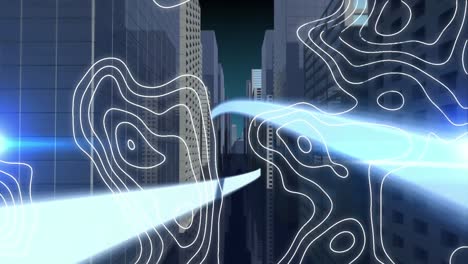 Animation-of-white-shapes-over-digital-cityscape