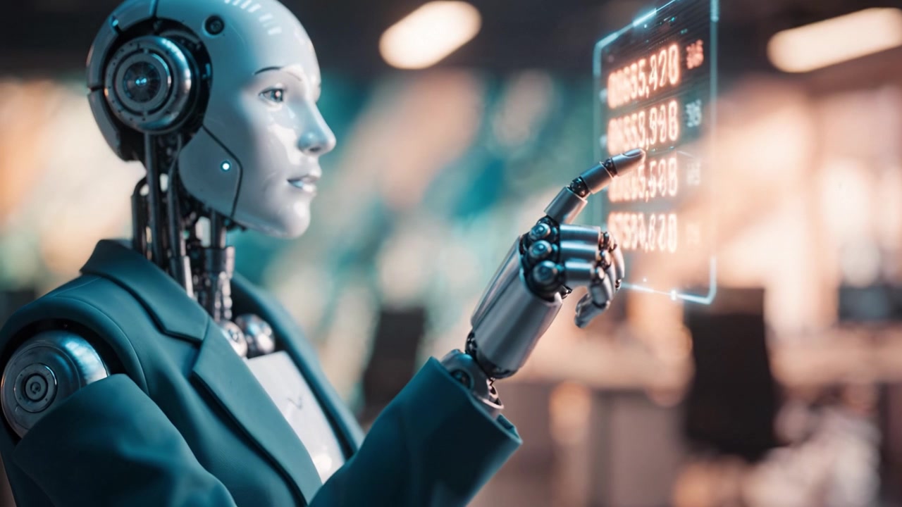Futuristic Robot Interacting with Digital Data Interface, Displaying Complex Numerical Analytics in a Modern Office Environment with Advanced Technology