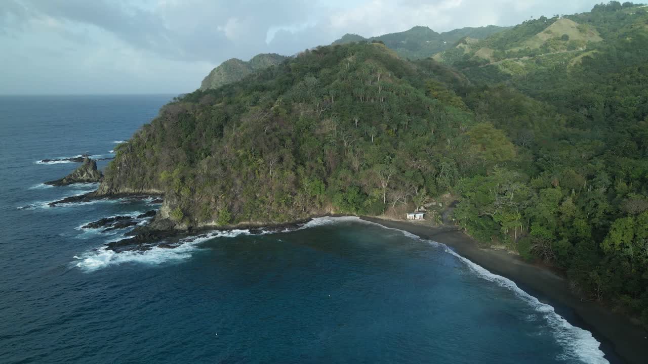 Aerial view of Kings Peter Bay a black sand beach on the Caribbean island of Tobago
