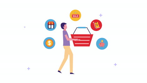 joven empresario con cesta de compras e iconos