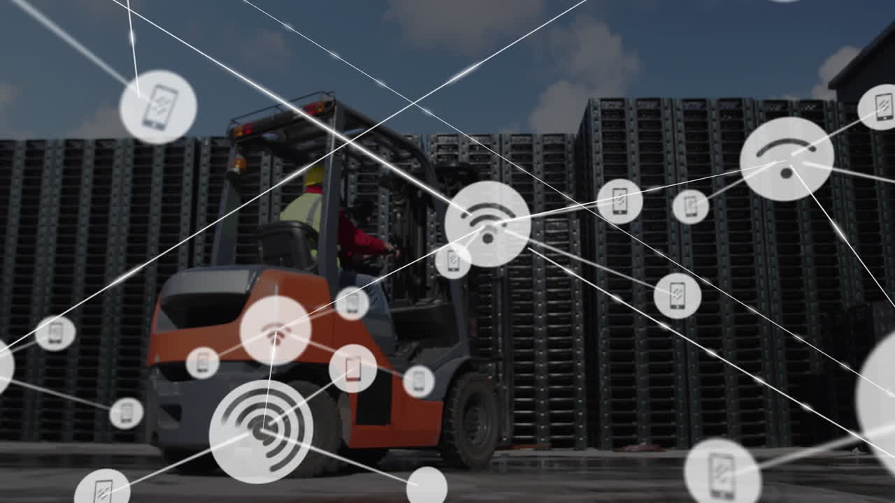 иконы сетевого подключения анимация над вилочным погрузчиком, работающим на промышленном складе