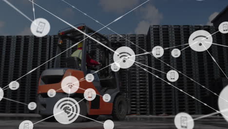 network connectivity icons animation over forklift operating in industrial warehouse