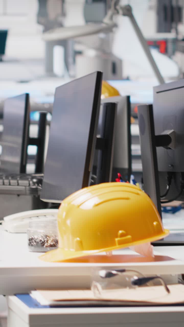 Vertical Video PC display in empty photovoltaics factory used for monitoring system performance