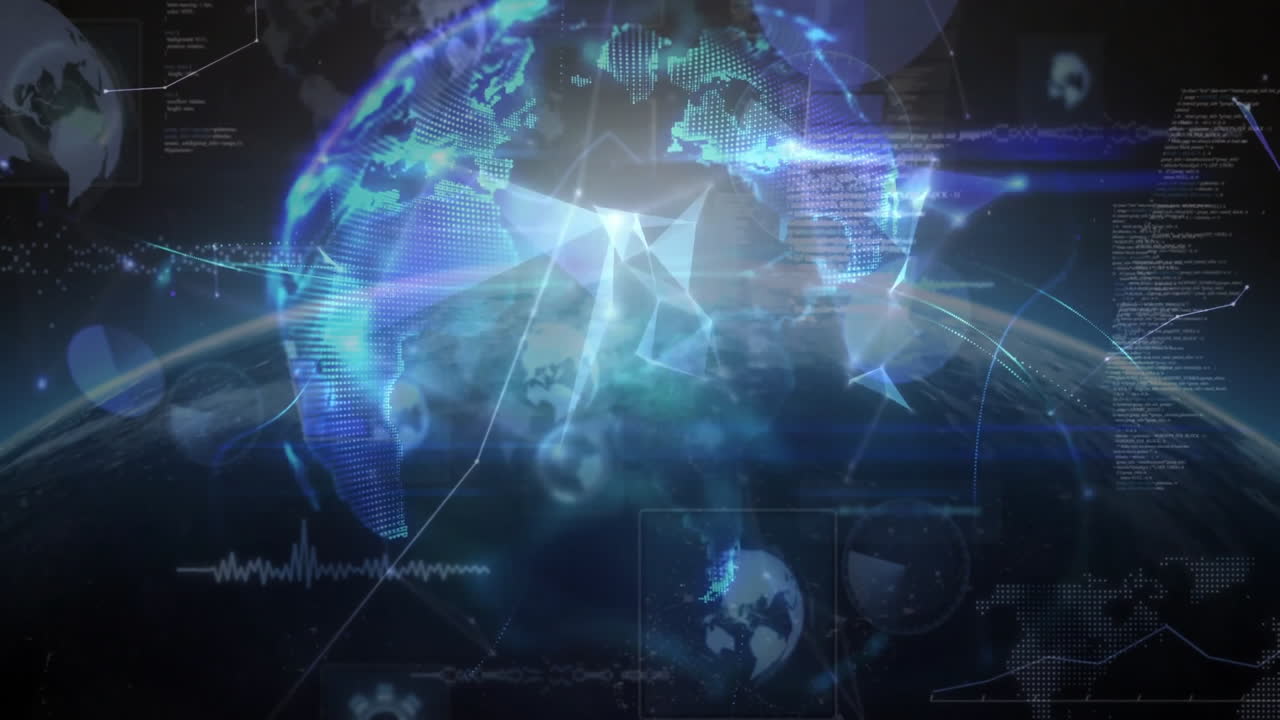 Holographic globe rotating over dark space, showing pixel continents, light beams, data lines