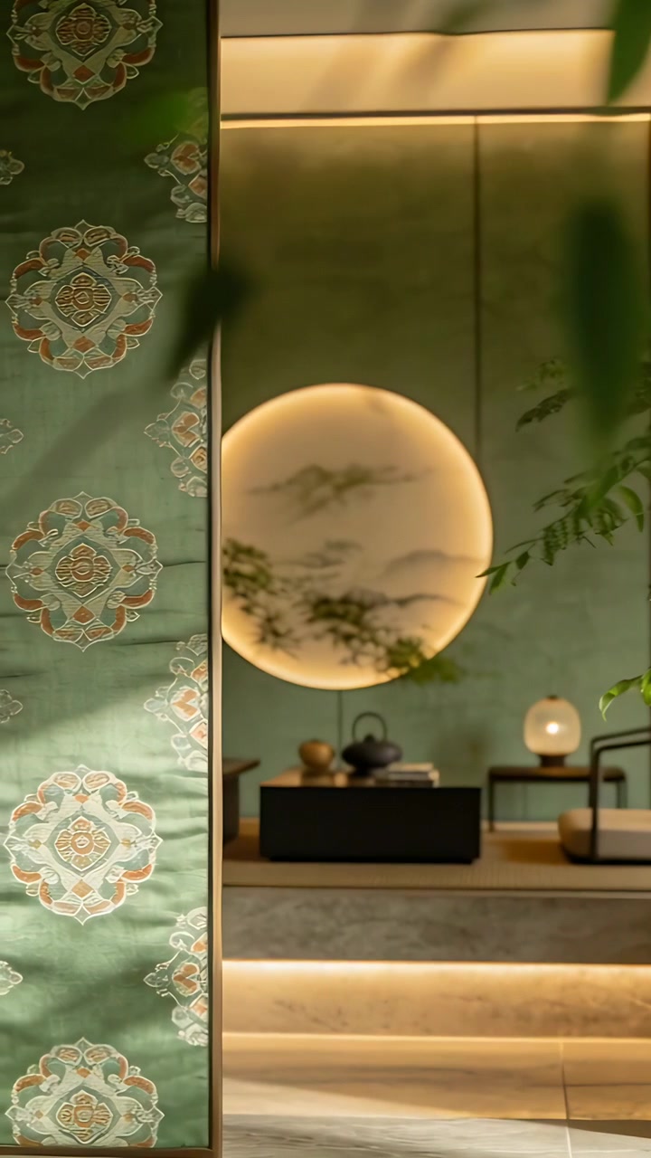 Vídeo vertical: Painel verde deslizante revelando uma parede circular iluminada em uma sala de chá, expondo bule e luminária.