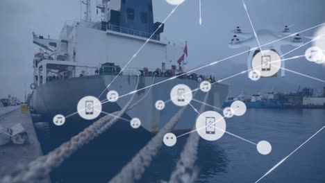 Netzwerk-Aus-Digitalen-Symbolen-Und-Drohne,-Die-Eine-Lieferbox-Gegen-Ein-Schiff-Im-Meer-Trägt