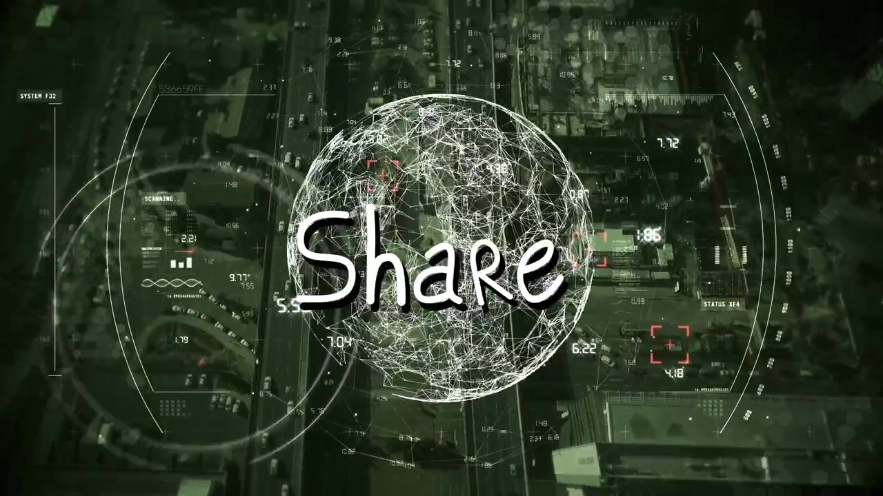 Animation of share text over cityscape and globe