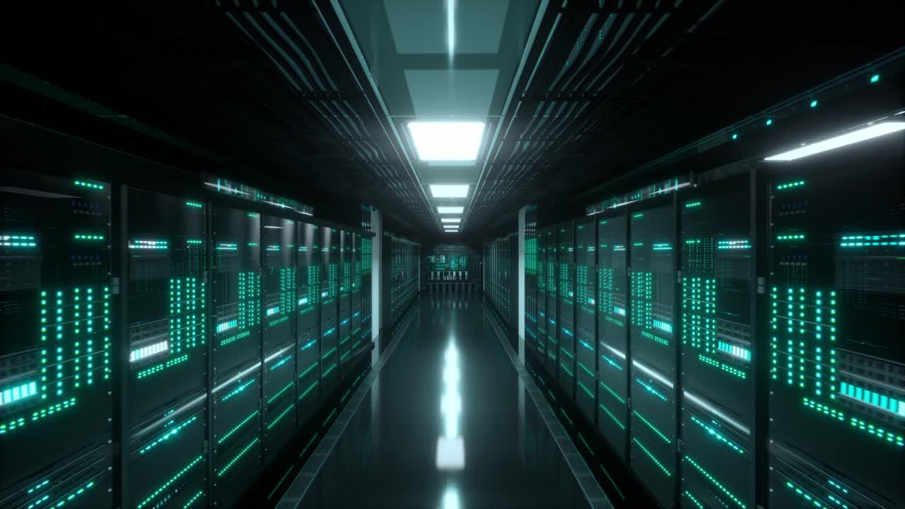 Inside Large Data Center. Advanced Cloud Computing Concept. Corridor With Server Racks And Cabinets Full Of Hard Drives