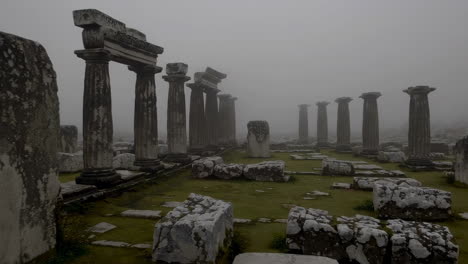 ancient ruins in fog