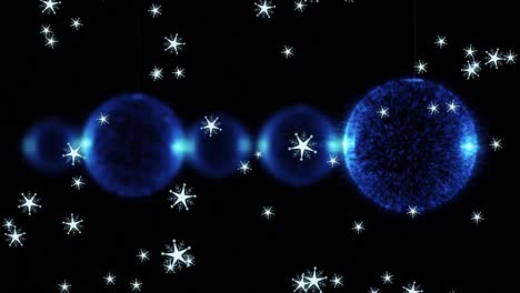 Digital-animation-of-multiple-stars-falling-against-blue-spheres-of-light-against-black-background